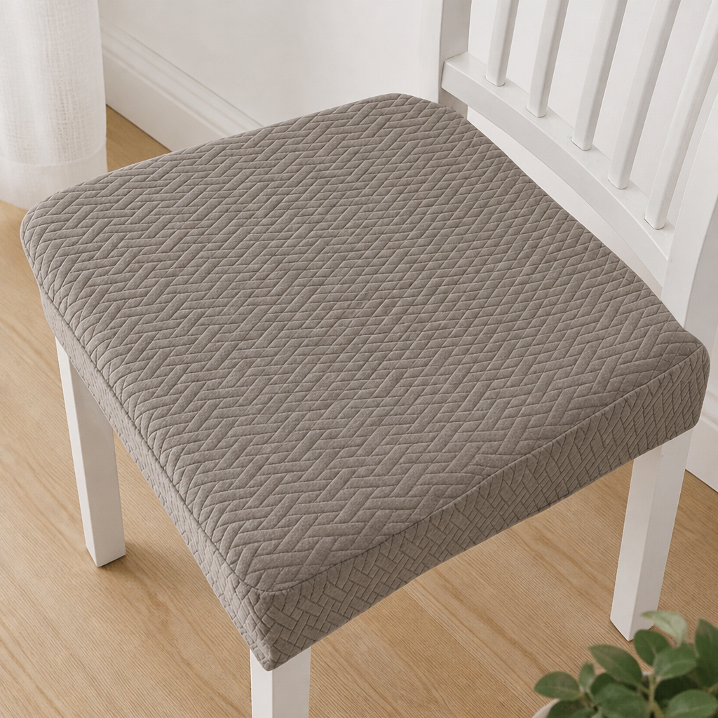 Taupe seat cover with a woven herringbone pattern on a white chair, another view.