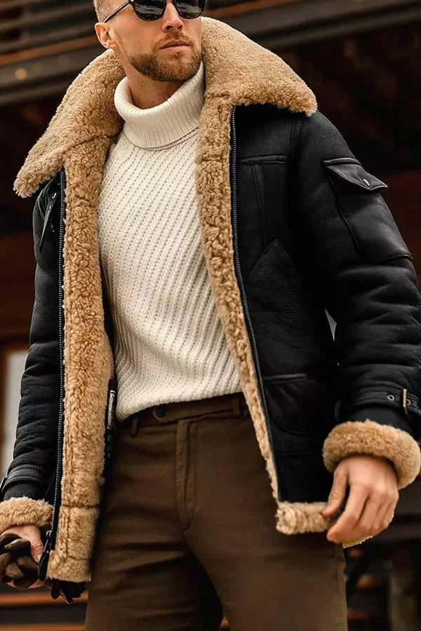 Black version of the shearling-collar leather jacket, worn open over a cream ribbed turtleneck 5