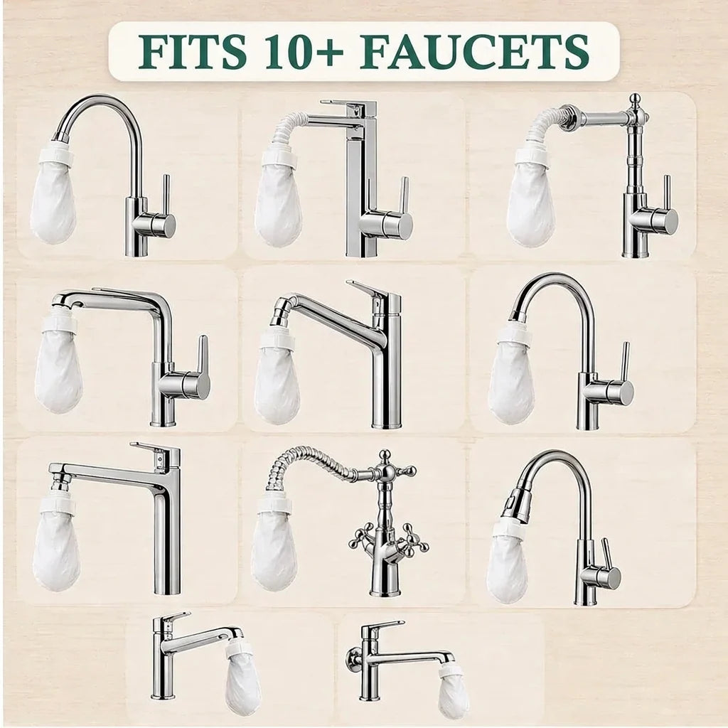 Grid of eleven different chrome faucet styles, each fitted with a white mesh filter cover held by a band 6