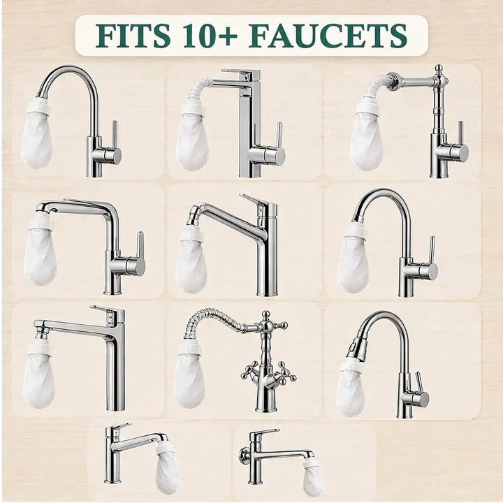 Grid of eleven different chrome faucet styles, each fitted with a white mesh filter cover held by a band 6
