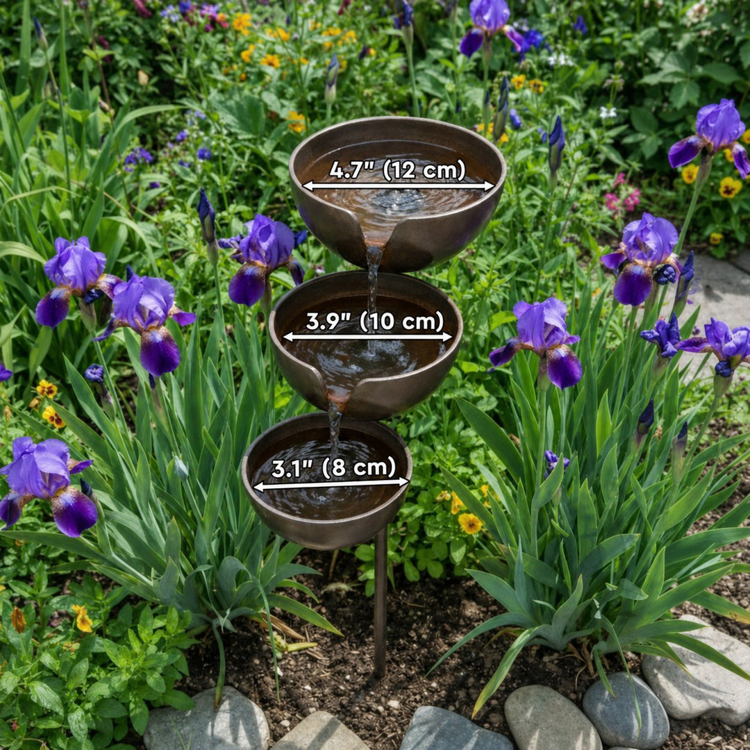 Brown stainless-steel bird bath with size callouts showing the top, middle and bottom bowls.