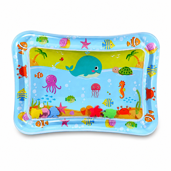 Rectangular light blue water mat printed with a whale, turtle, octopus and crabs.