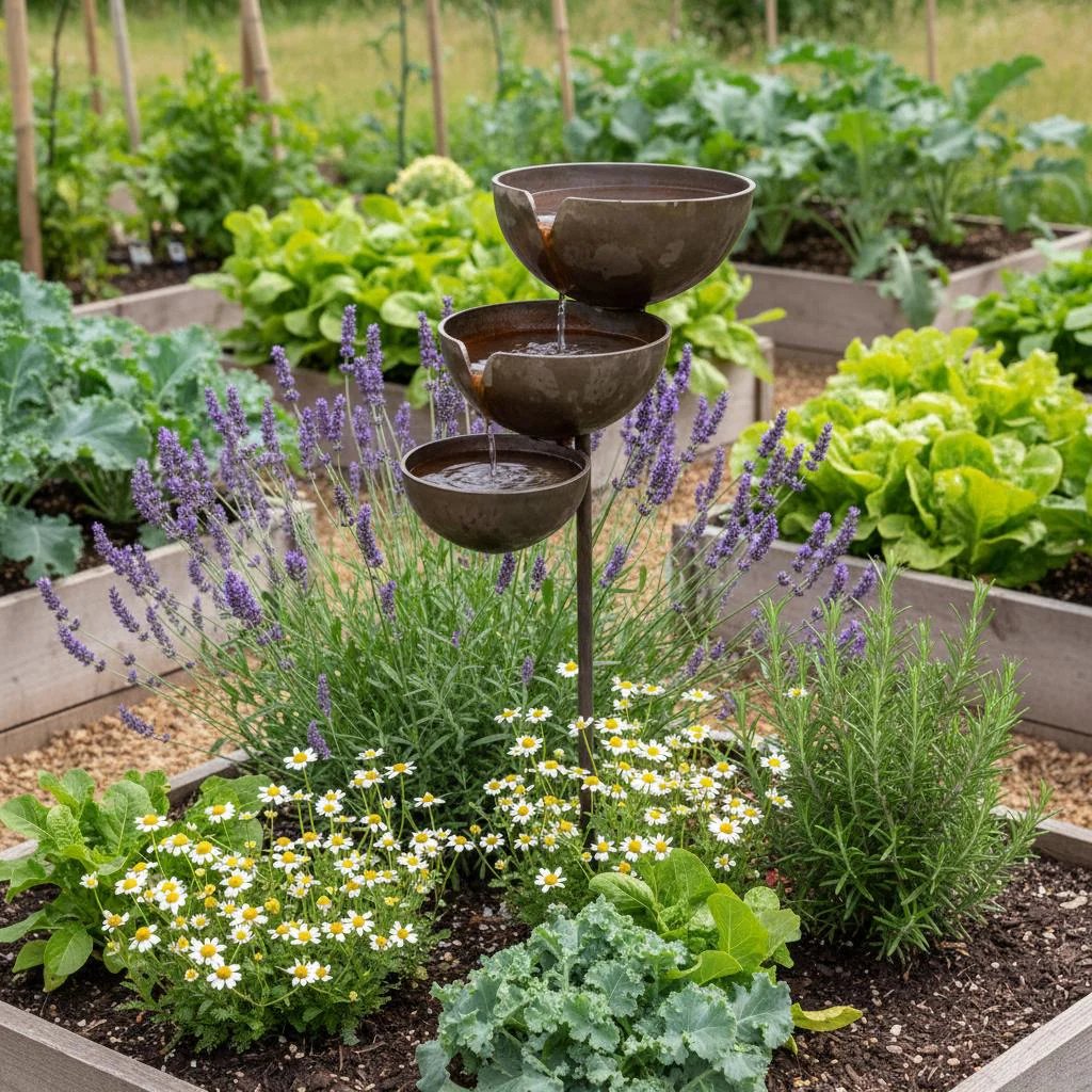 Brown stainless-steel bird bath in a raised vegetable bed with water trickling between bowls.