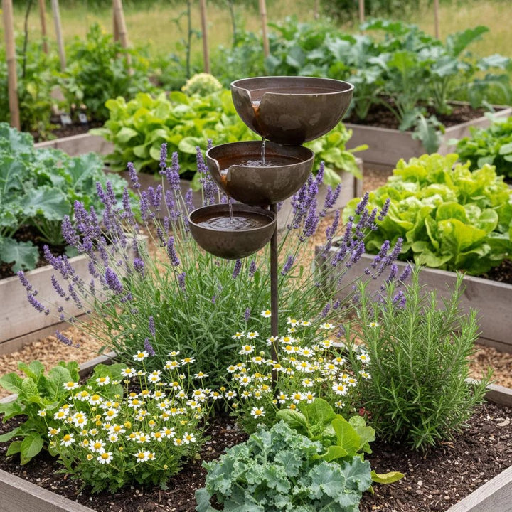 Brown stainless-steel bird bath in a raised vegetable bed with water trickling between bowls.