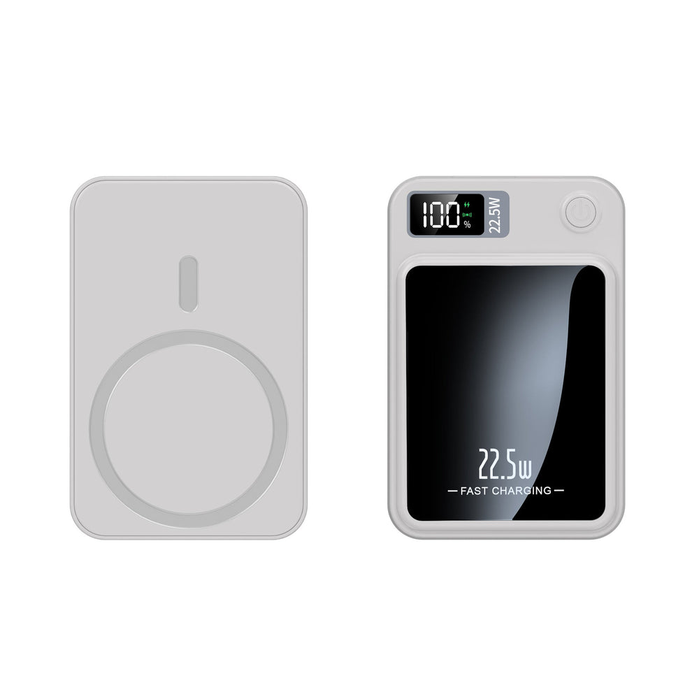 White power bank back and front: magnetic charging ring on one side, mirrored panel with 100% battery display on the other. 2