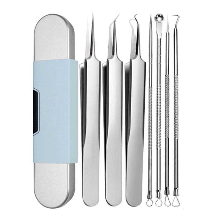 Flat lay of the full set on white: metal case with blue sleeve, three tweezers and four double-ended picks. 11