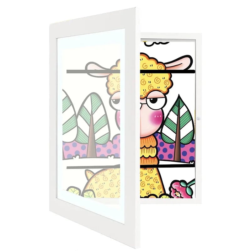 White kids art frame with hinged opening, showing a cartoon llama drawing inside.
