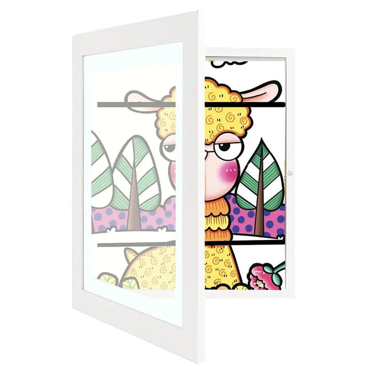 White kids art frame another view, opened to reveal a colorful llama drawing and the storage compartment behind it.