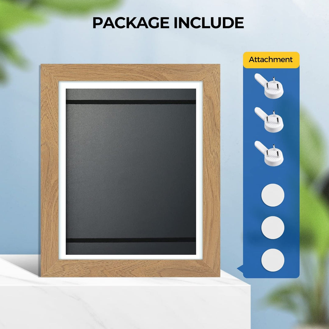 Wood-tone kids art frame front with dark backing and black elastic bands, shown beside the included hanging hooks and adhesive pads.