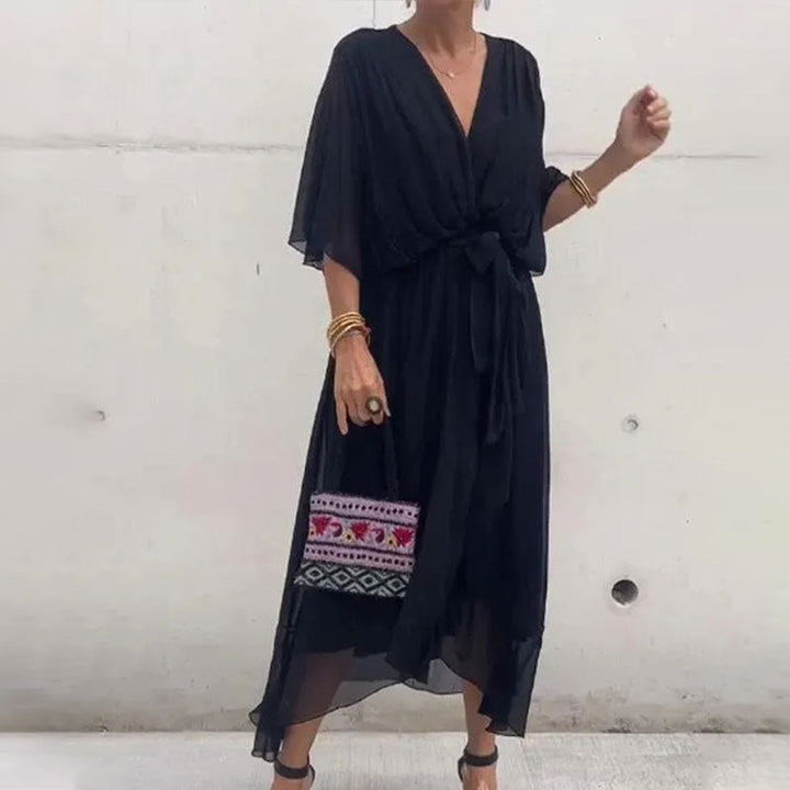 Fallaway Maxi Dress with V-Neck – Elara-Black-M-The Livary