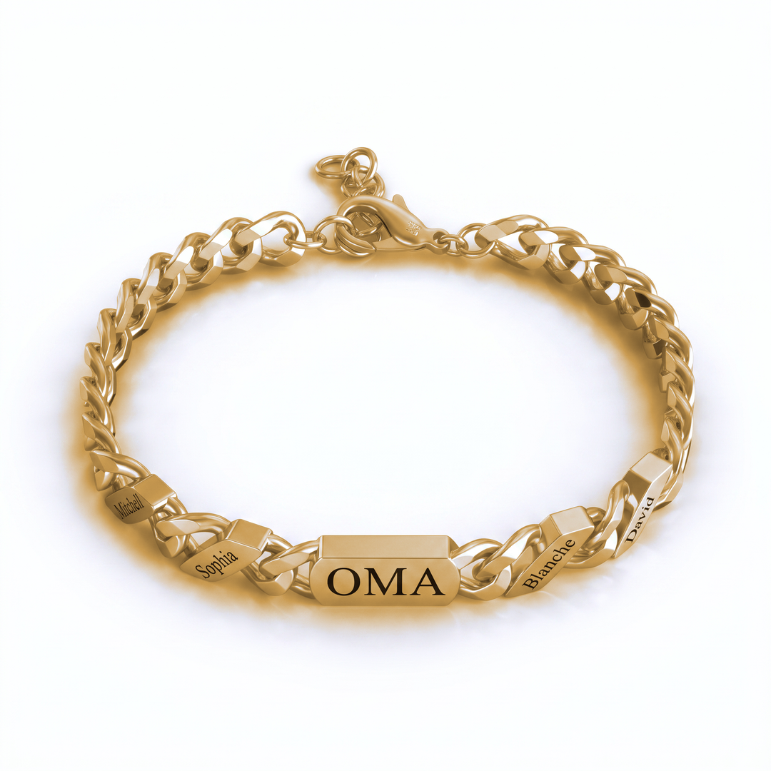 Gold-tone curb chain bracelet with a central engraved bar and four engraved name links