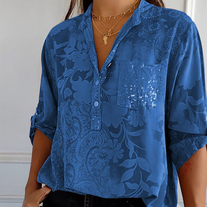 Fashionable women's top with V-neck and button placket – Amaya-Blue-S-Nora Luxe