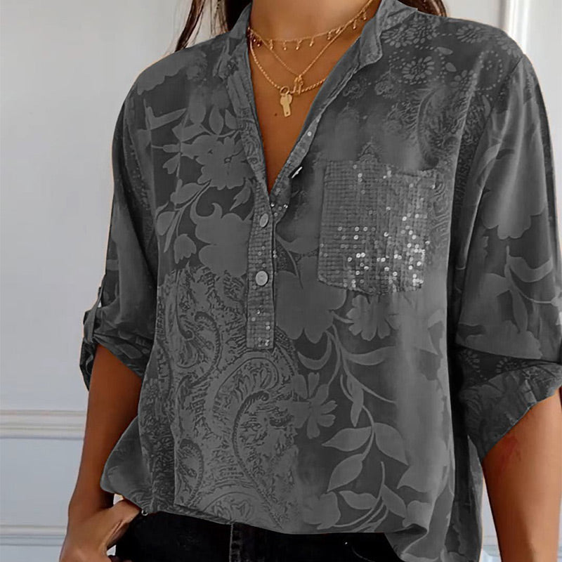 Fashionable women's top with V-neck and button placket – Amaya-Gray-S-Nora Luxe