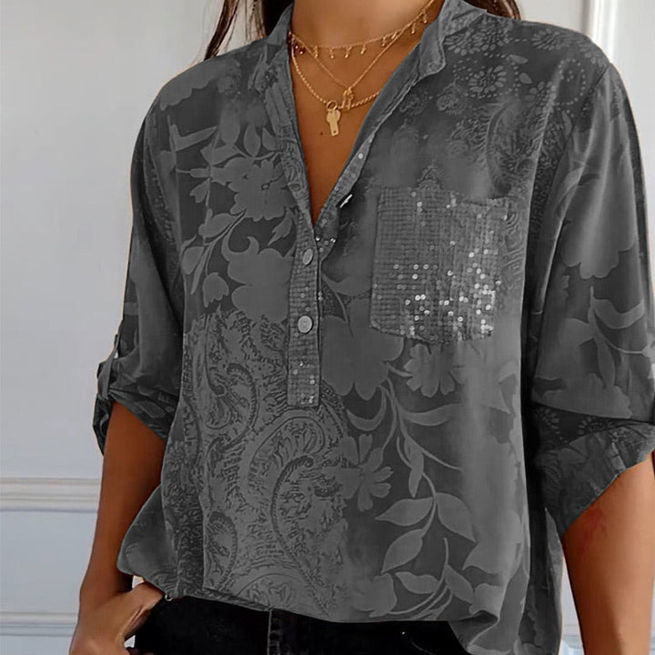 Fashionable women's top with V-neck and button placket – Amaya-Gray-S-Nora Luxe