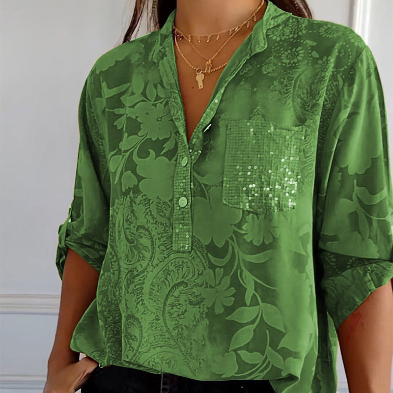 Fashionable women's top with V-neck and button placket – Amaya-Green-S-Nora Luxe