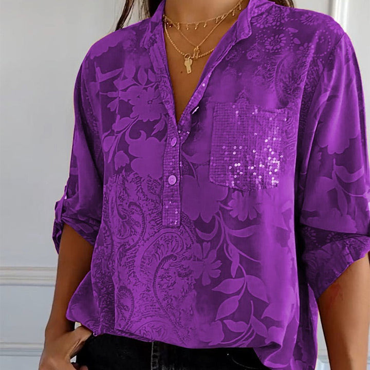 Fashionable women's top with V-neck and button placket – Amaya-Purple-S-Nora Luxe