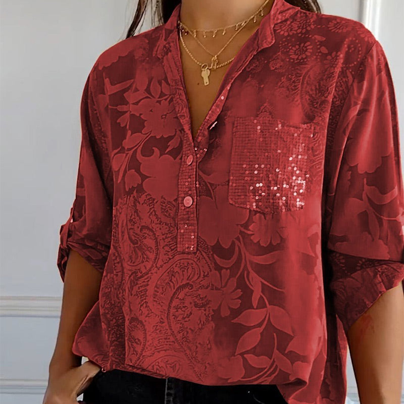 Fashionable women's top with V-neck and button placket – Amaya-Red-S-Nora Luxe