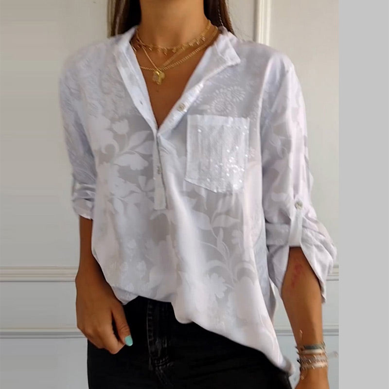 Fashionable women's top with V-neck and button placket – Amaya-White-S-Nora Luxe