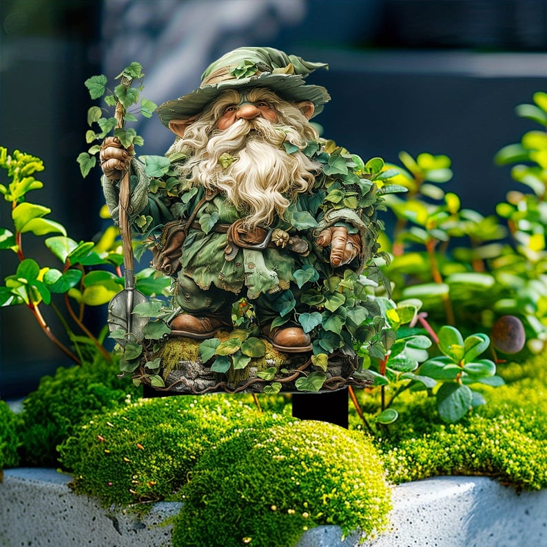 Fairy Tale Acrylic Garden Stake with a bearded gnome and shovel detail