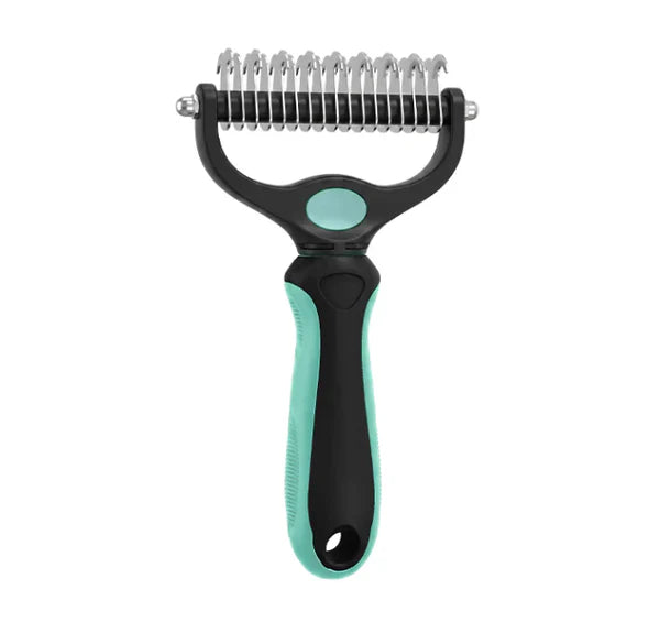 Teal and black rake angled to show the curved side of the metal teeth 17