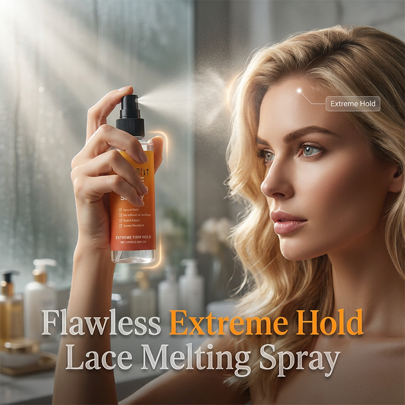 Orange lace melt spray bottle held toward a hairline.