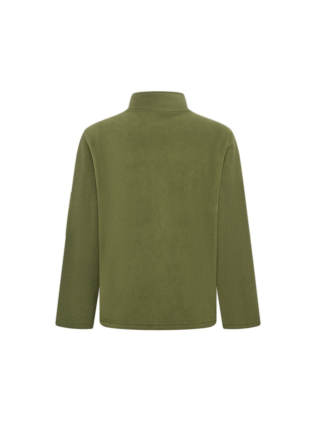 Back view of the olive green fleece jacket showing the plain back panel and high collar 9