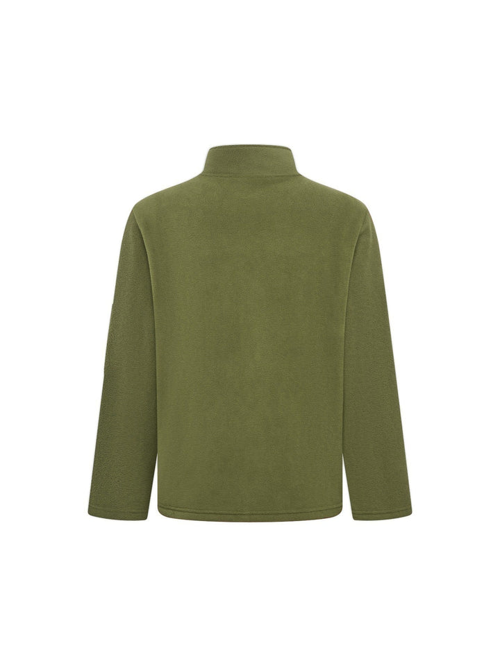 Back view of the olive green fleece jacket showing the plain back panel and high collar 9