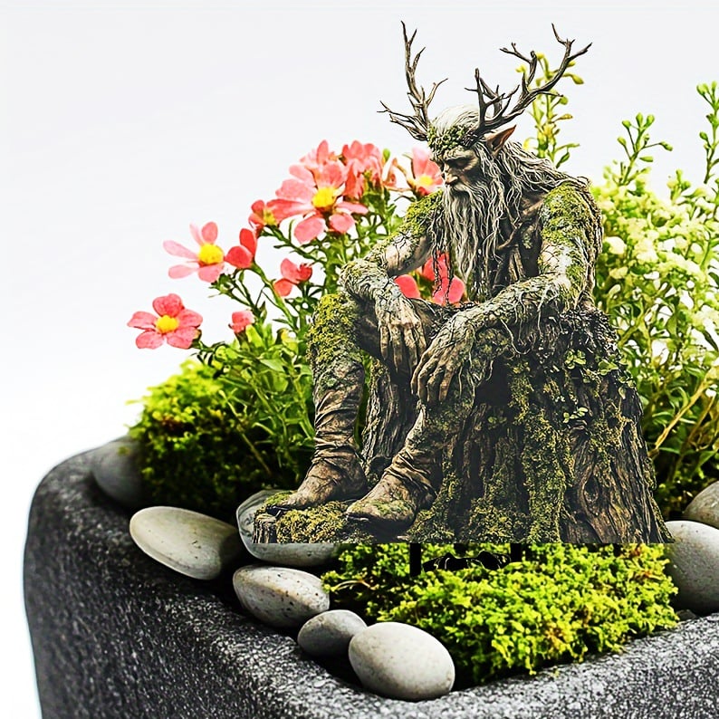 Fairy Tale Acrylic Garden Stake with an antlered woodland elder among flowers and pebbles detail