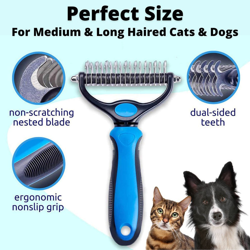 Blue and black dual-sided grooming rake with callouts for its blade, teeth and grip, beside a cat and a dog 1