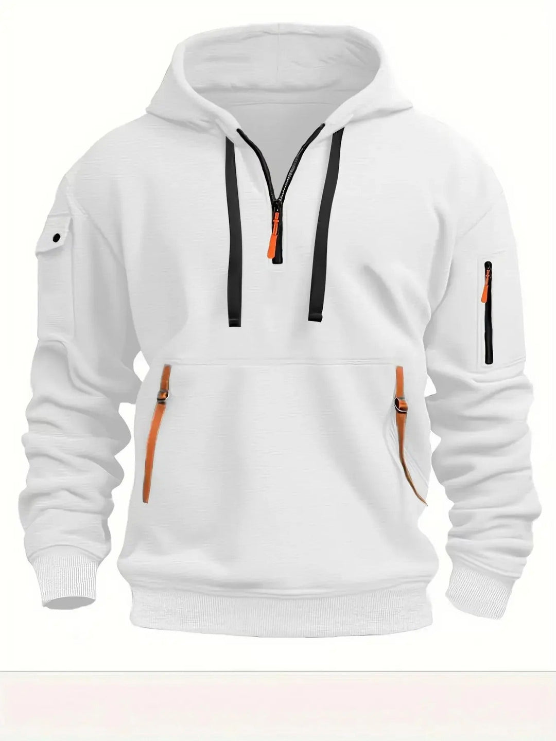 White half-zip hoodie with black drawstrings, orange zipper accents and pocket tabs, shown from the front 3
