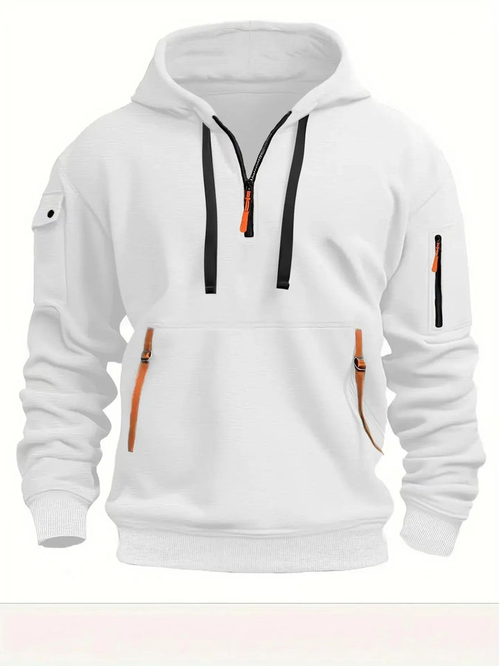 White half-zip hoodie with black drawstrings, orange zipper accents and pocket tabs, shown from the front 3