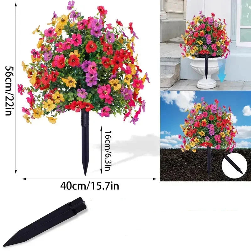 Dimension diagram of the multicolor artificial flower bush and its black ground stake.