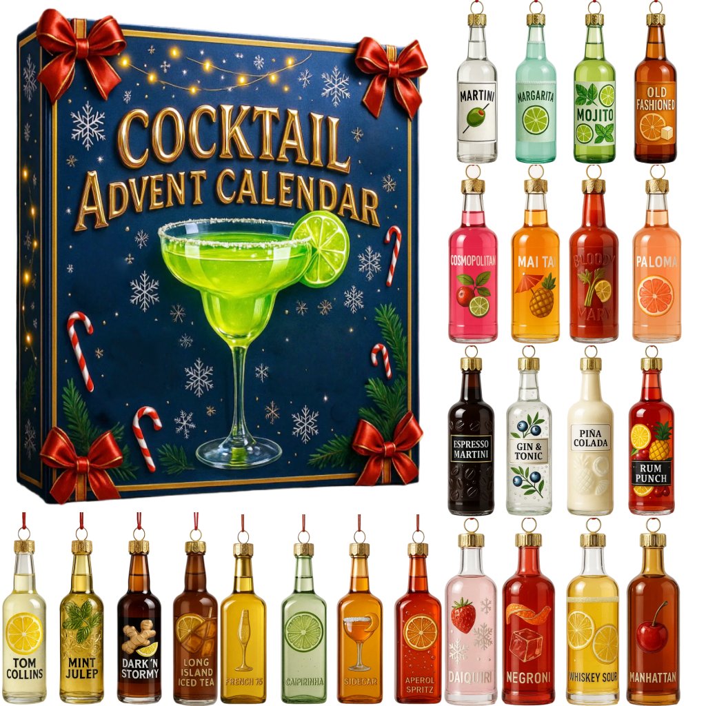 Navy cocktail advent calendar gift box with 24 miniature cocktail bottles and a green margarita graphic.