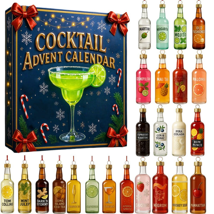 Navy cocktail advent calendar gift box with 24 miniature cocktail bottles and a green margarita graphic.