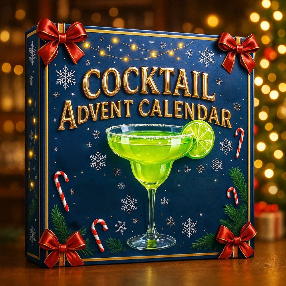 Navy cocktail advent calendar gift box with red bows, candy canes and snowflakes on a wooden table.