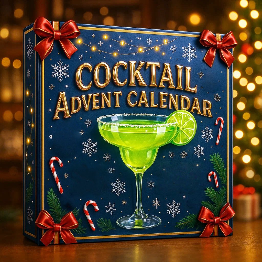 Navy cocktail advent calendar gift box with red bows, candy canes and snowflakes on a wooden table.