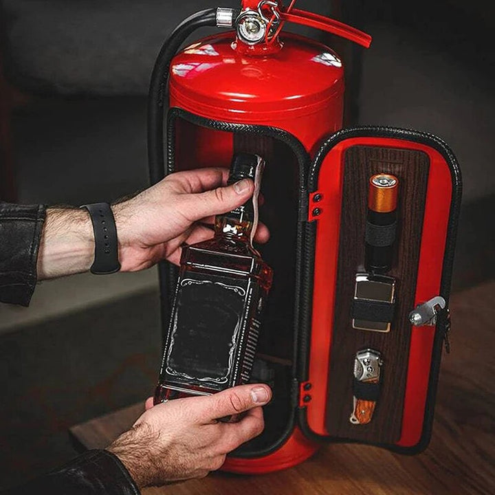 Man's hands lifting a bottle from the open red bar, its door holding small accessories 8