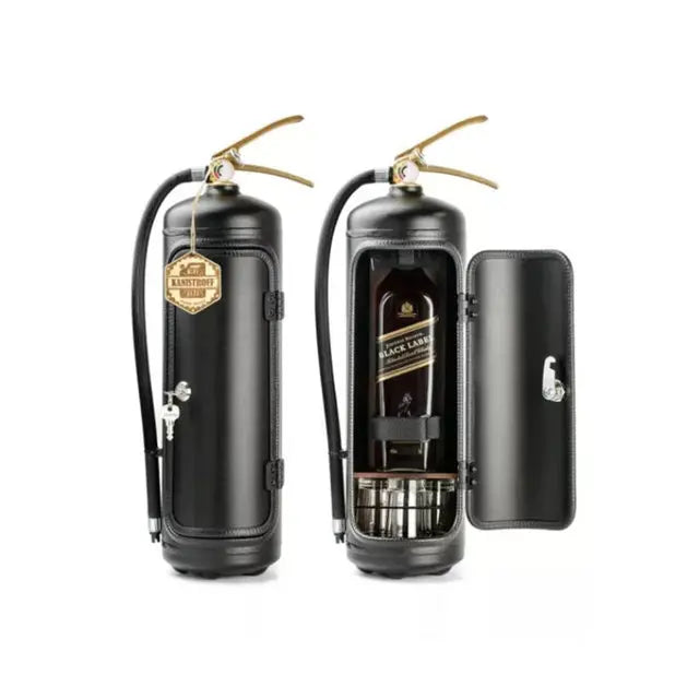 Black extinguisher-shaped cabinets with brass handles, one closed with a key and tag, one open showing a bottle and glasses 3
