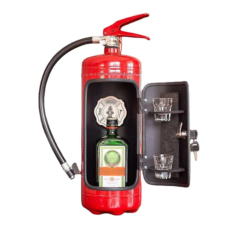 Red fire extinguisher bar with its door open, showing a green bottle and two shot glasses 1