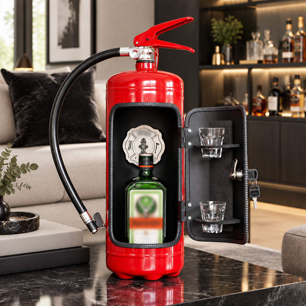 Red extinguisher-shaped bar with its door open, showing a green bottle and two shot glasses on a marble table 1