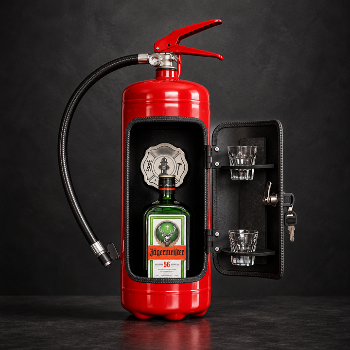 Red extinguisher bar open against a dark background, showing a green liquor bottle, shot glasses and keys on the door 9