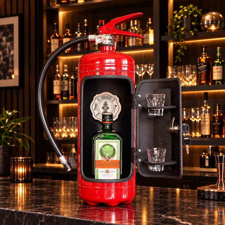 Red extinguisher-shaped cabinet open on a marble bar counter, showing a green bottle and two glasses, shelves of bottles 9
