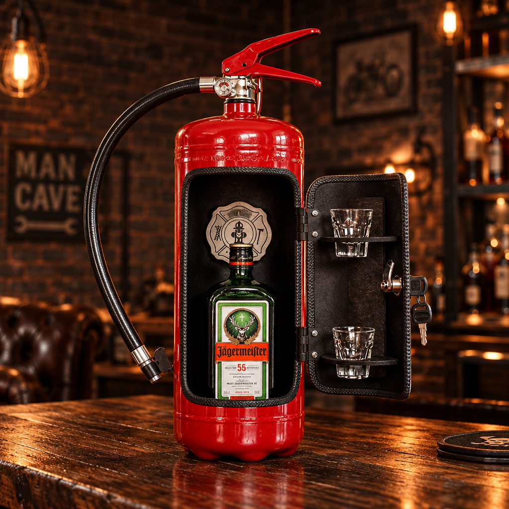 Red extinguisher-shaped bar on a wooden counter, door open with a bottle and two shot glasses inside 1