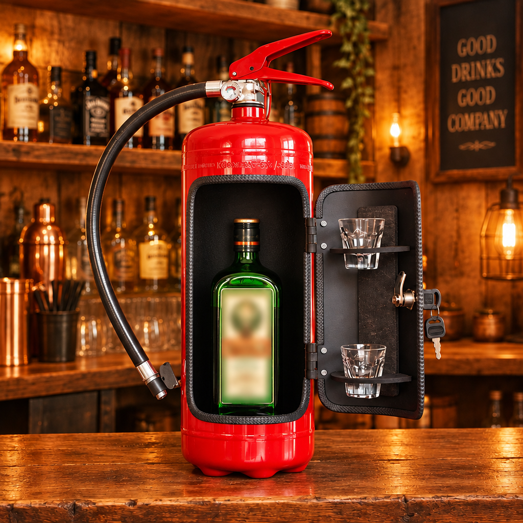Red extinguisher-shaped bar cabinet with its door open on a rustic wooden bar, showing a green bottle and two shot glasses 1