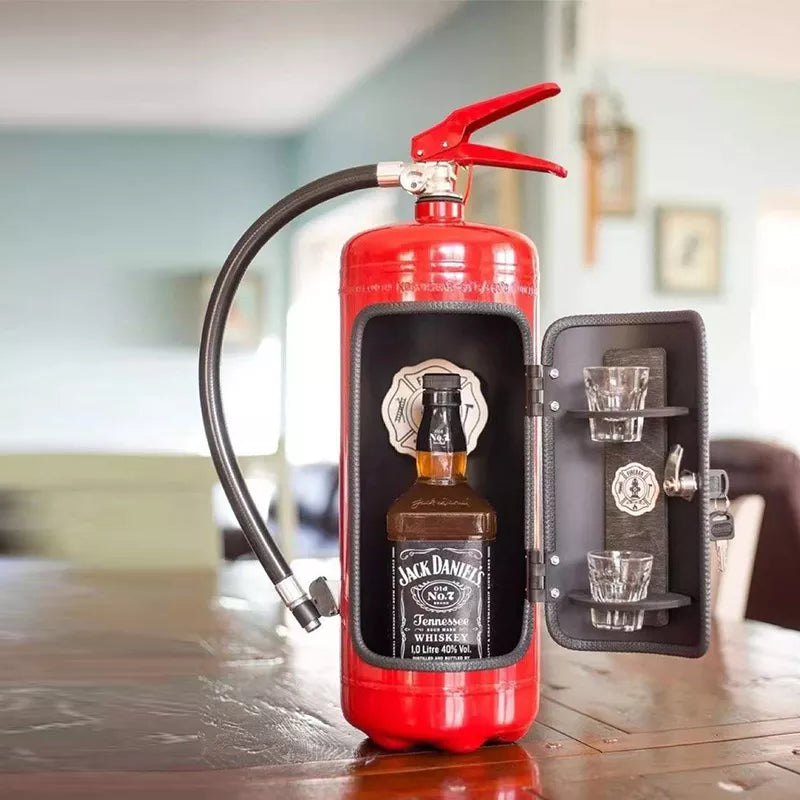 Open red extinguisher bar on a wooden table, holding a whiskey bottle and two shot glasses 7