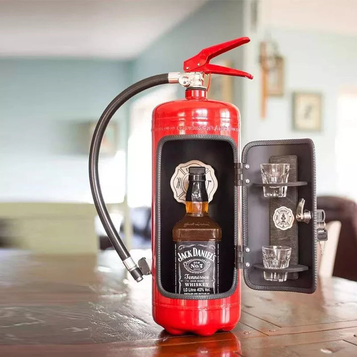 Red extinguisher bar with door open on a wooden table, a whiskey bottle inside and two shot glasses on the door 8