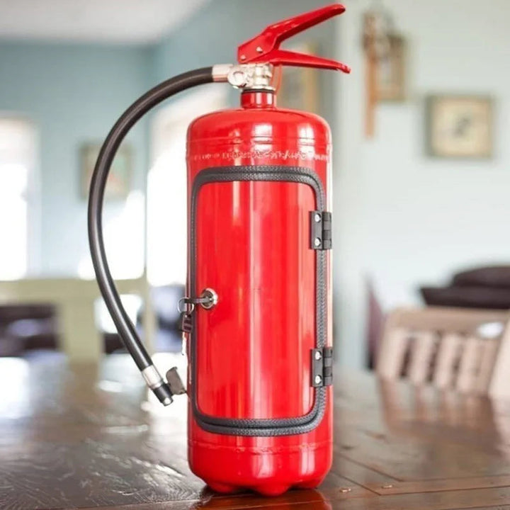 Closed red extinguisher-shaped cabinet standing on a wooden table in a bright living room, black trim around the door 5