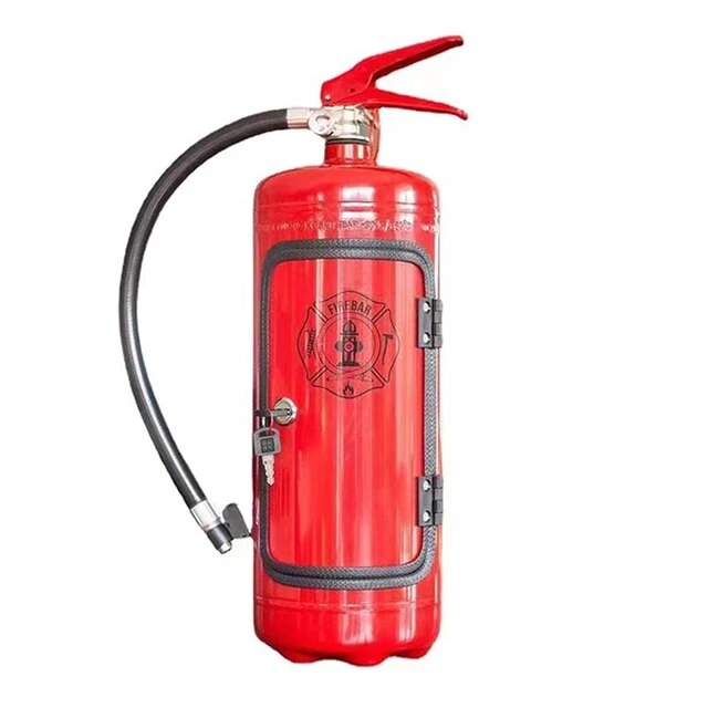 Closed red extinguisher bar seen straight on, with a black-trimmed door, small lock, key and a printed emblem 3
