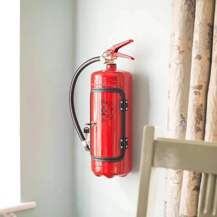 Red extinguisher bar mounted on a pale wall beside a curtain, door closed with the key in the lock 6