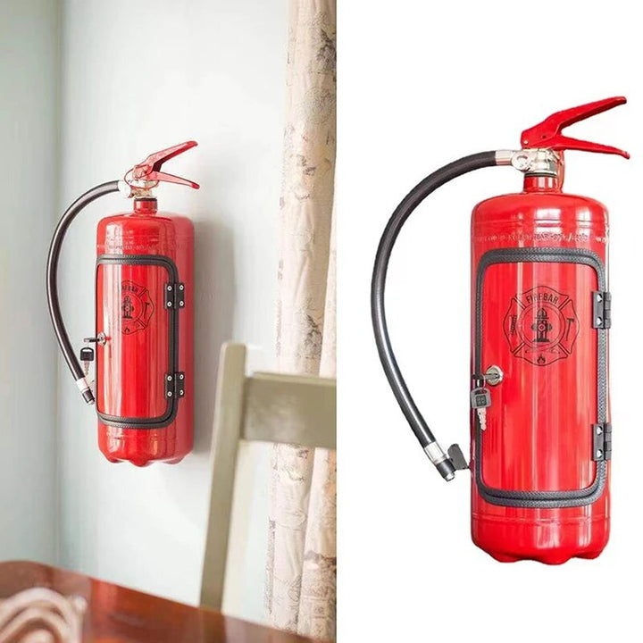 Split view of the red extinguisher bar hanging on a wall at left and a front close-up at right 7